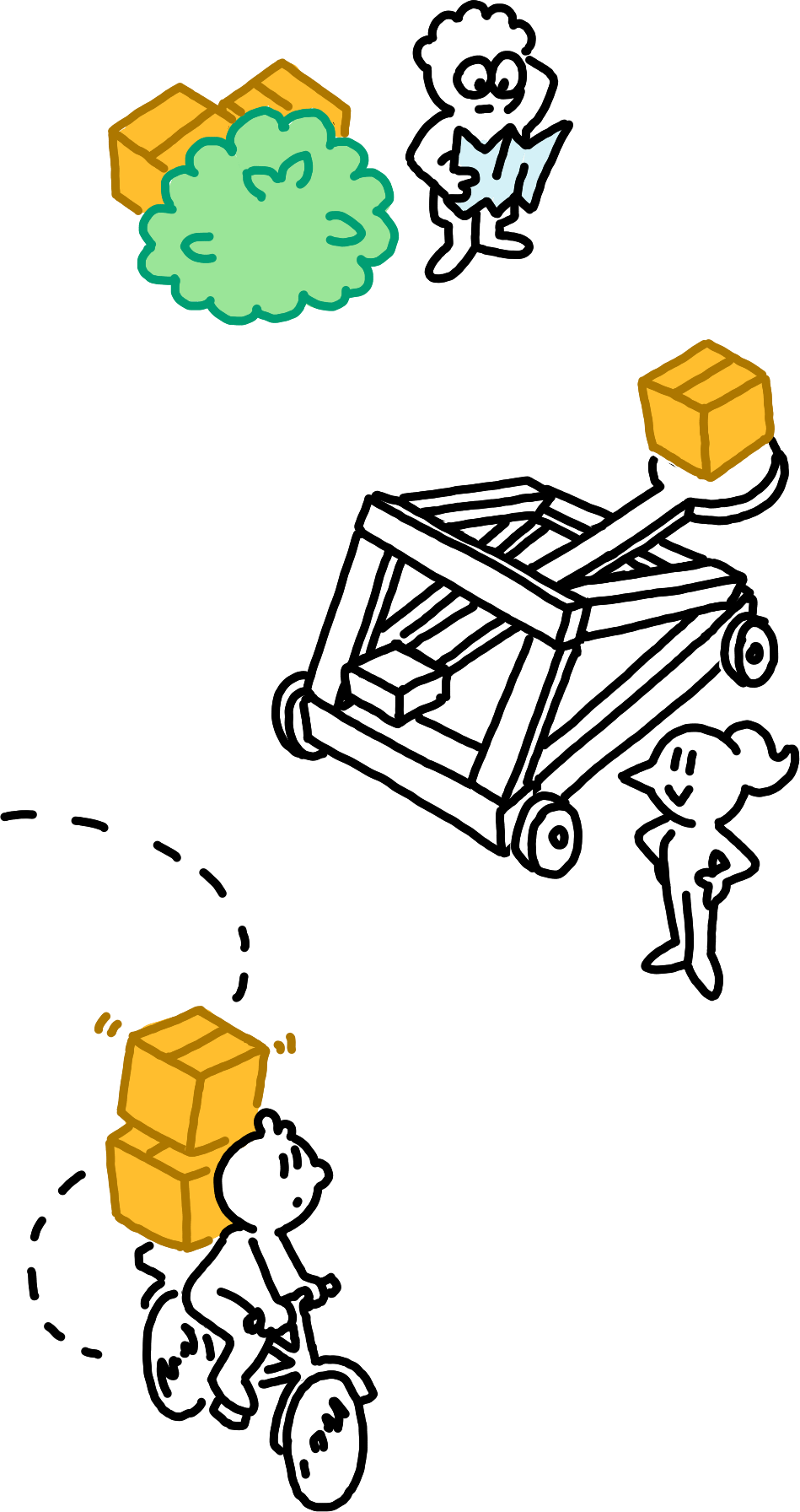 An ornamental drawing of various characters transporting and discovering cardboard boxes. Dalton is looking at a map, unaware of the cardboard boxes behind the bush next to them. Alfie is transporting two cardboard boxes on the back of a bicycle. Betty is preparing to launch a cardboard box with a catapult, and seems rather pleased about it.