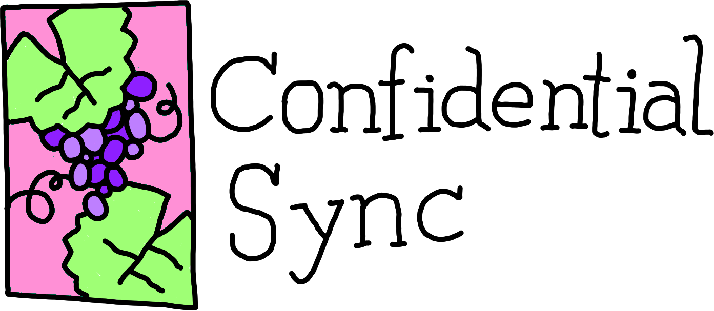 A Confidential Sync emblem: A stylised drawing of a grapevine next to hand-lettered typewriter style rendition of 'Confidential Sync'.